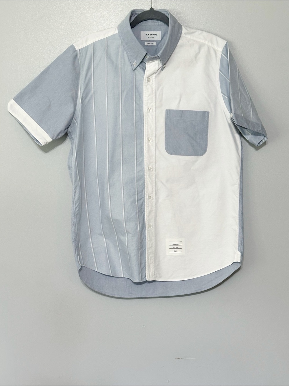 THOM BROWNE Blue And Half-Striped Short-Sleeved Cotton Shirt